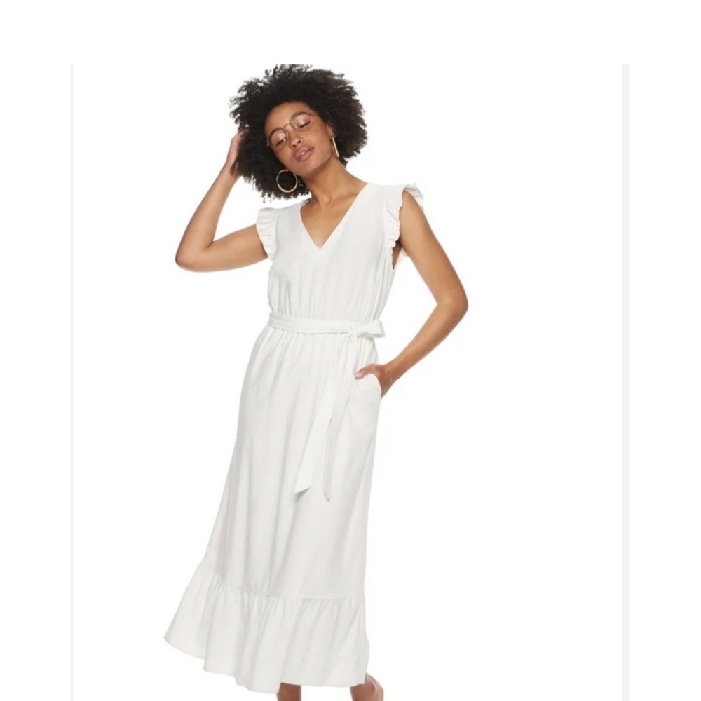 PopSugar Women's Linen Cotton White Ruffle Sleeve Belted Midi Dress XL V-Neck